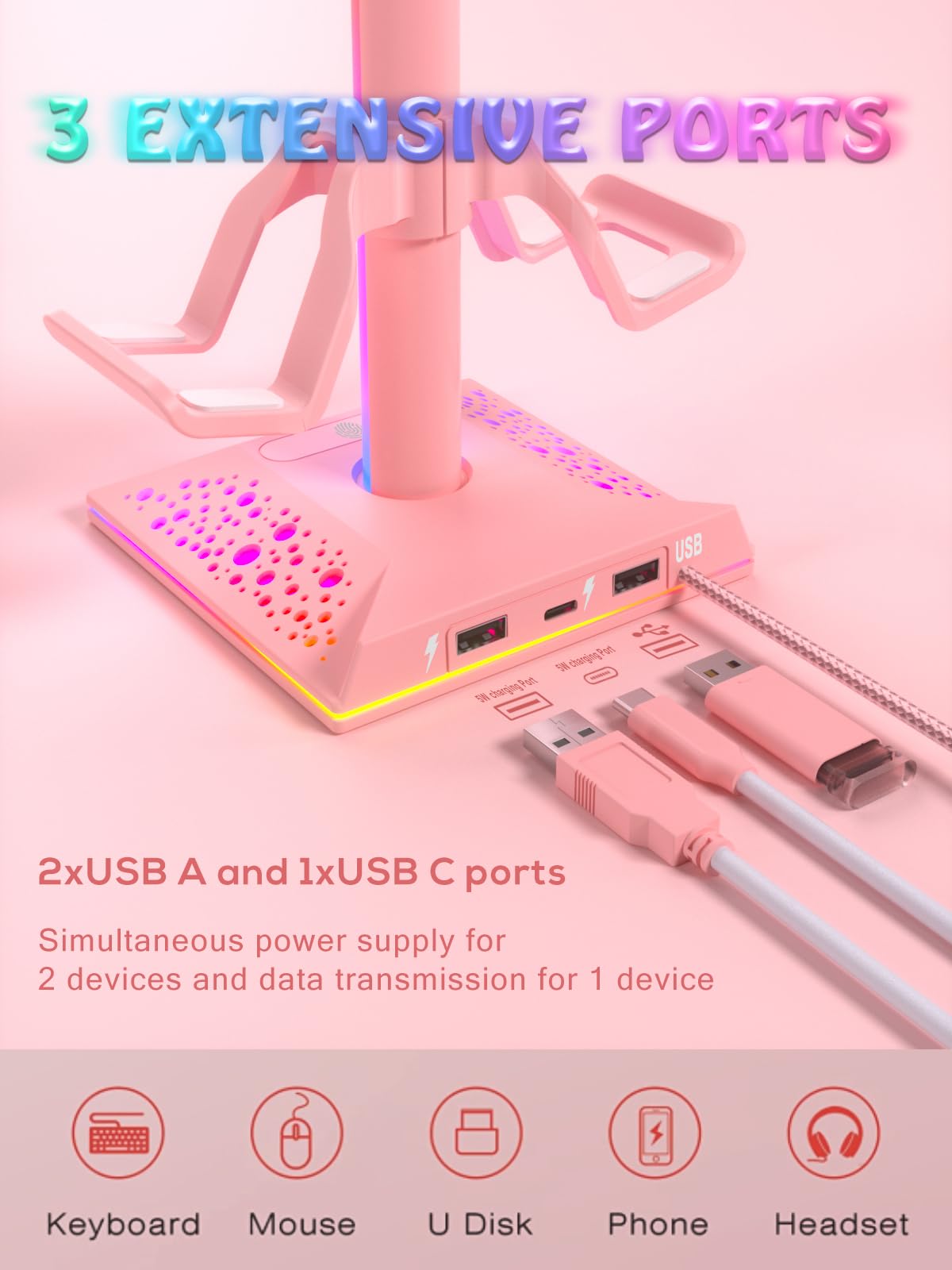 VCOM RGB Gaming Headphones Stand with 2 USB and 1 Type-C Ports, Headset Stand with 10 Light Modes and Non-Slip Rubber,Suitable for All Earphone Accessories, Best Gift for Desk Gamers