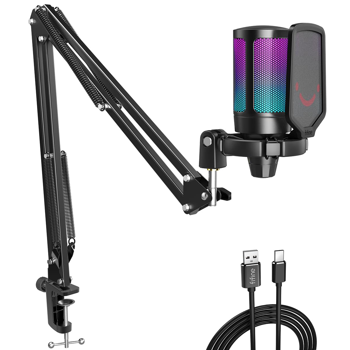 Fifine Gaming Microphone for PC Computer, USB Streaming Condenser Mic Kit with RGB, Quick Mute, Gain Knob, Boom Arm Stand, Pop Filter for Podcasts YouTube Discord-A6T