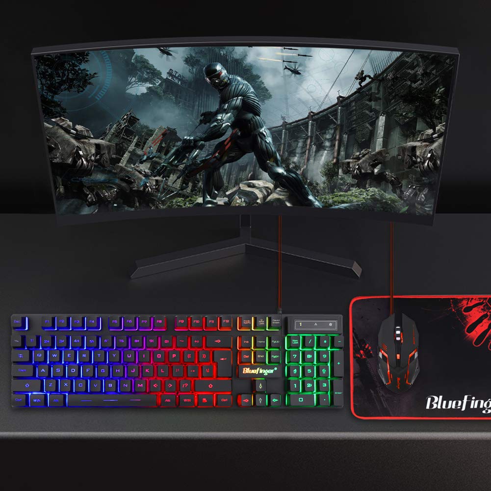 BlueFinger RGB Gaming Keyboard and Backlit Mouse Combo, USB Wired, LED Gaming Set for Laptop PC Computer Game and Work (Black)