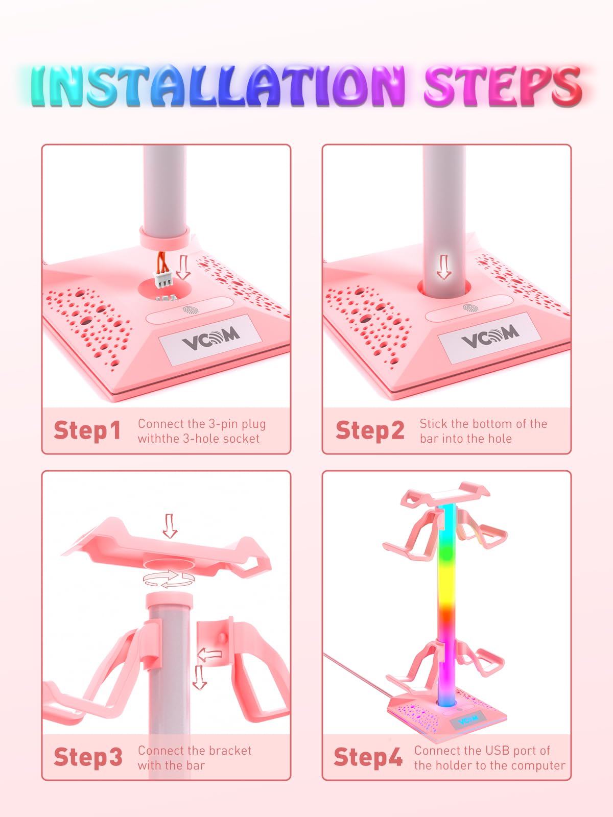 VCOM RGB Gaming Headphones Stand with 2 USB and 1 Type-C Ports, Headset Stand with 10 Light Modes and Non-Slip Rubber,Suitable for All Earphone Accessories, Best Gift for Desk Gamers