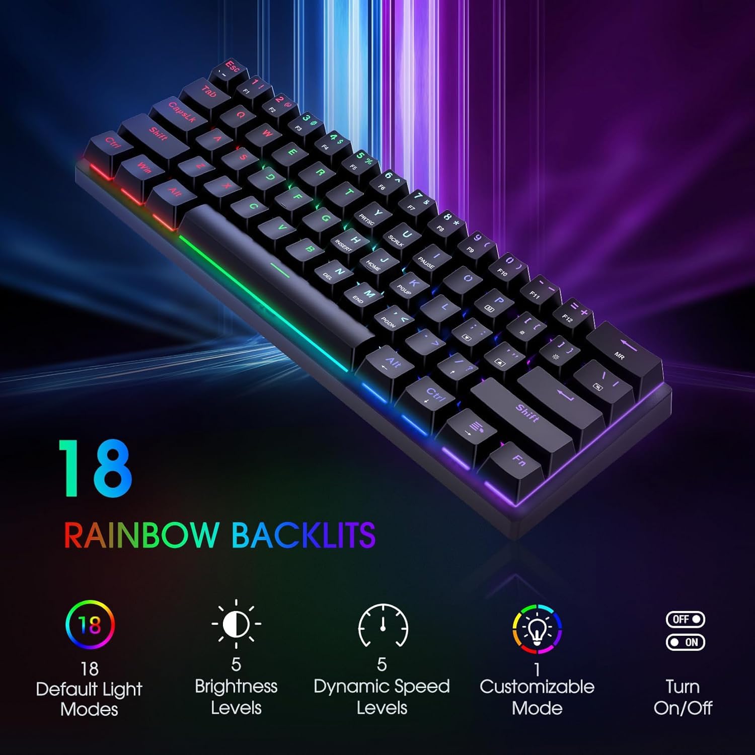 Portable 60% Mechanical Gaming Keyboard,60 Percent Wired Gamer Keyboard with Blue Switches,LED Customization Backlit,61 Keys Ultra-Compact Mini Office Keyboard for PC/Mac/Xbox,Easy to Carry On Trip