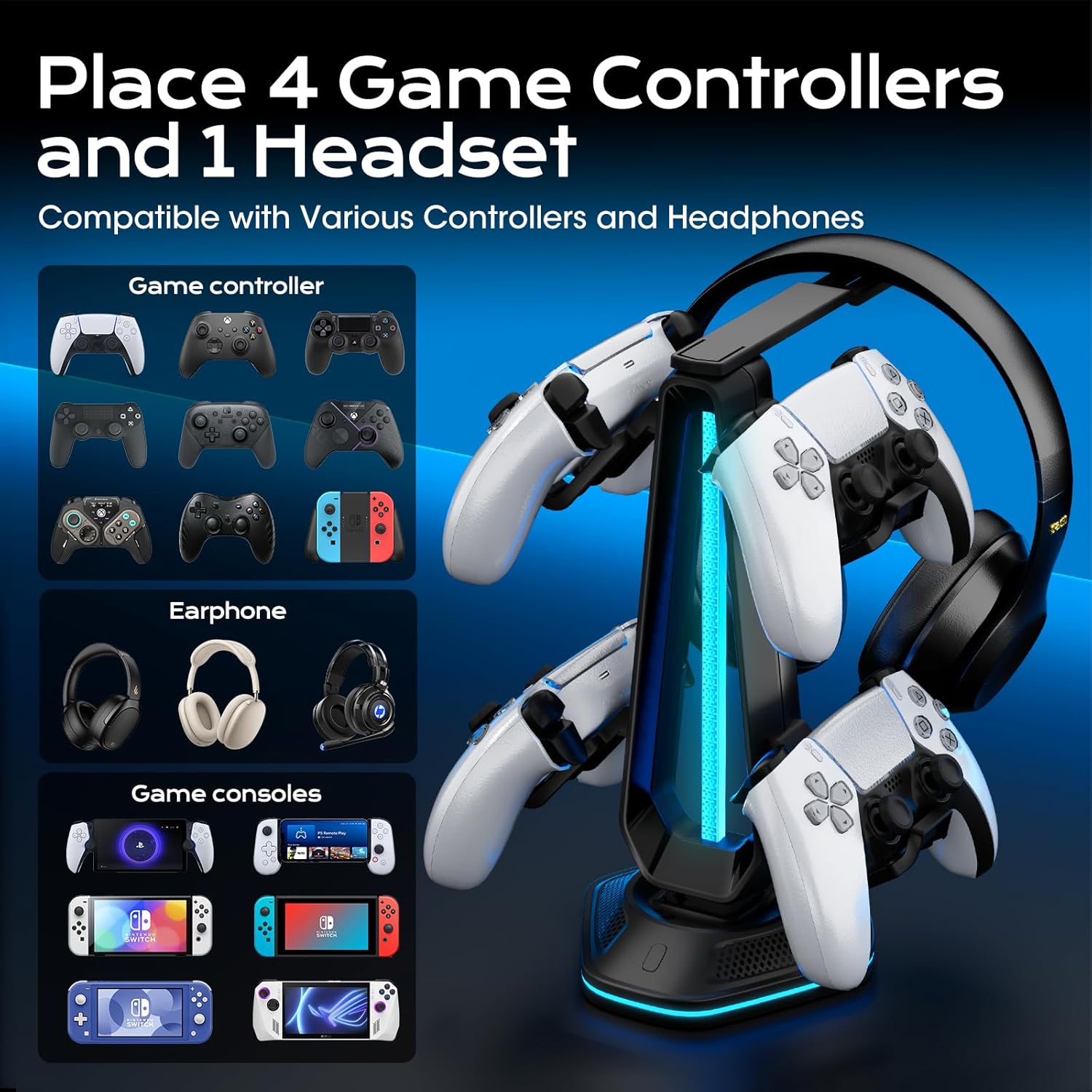 Saitake RGB Controller Stand with 9 Light Modes,Controller Holder with 2 USB Ports,Headset Stand for Desk-Headphone Holder Suitable for All Headphones and Controllers