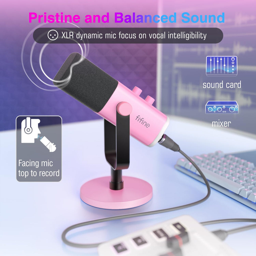 Fifine XLR/USB Dynamic Podcasting Microphone, Gaming Studio Computer PC Mic with RGB, Mute Button, Headphones Jack, Desktop Stand for Streaming Recording Vocal VoiceOver YouTube Singing-AM8