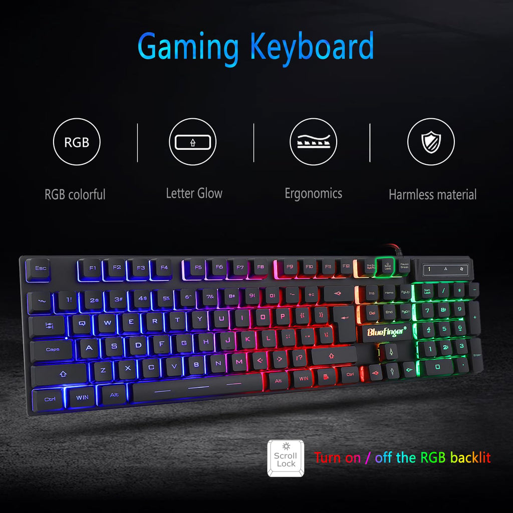 BlueFinger RGB Gaming Keyboard and Backlit Mouse Combo, USB Wired, LED Gaming Set for Laptop PC Computer Game and Work (Black)