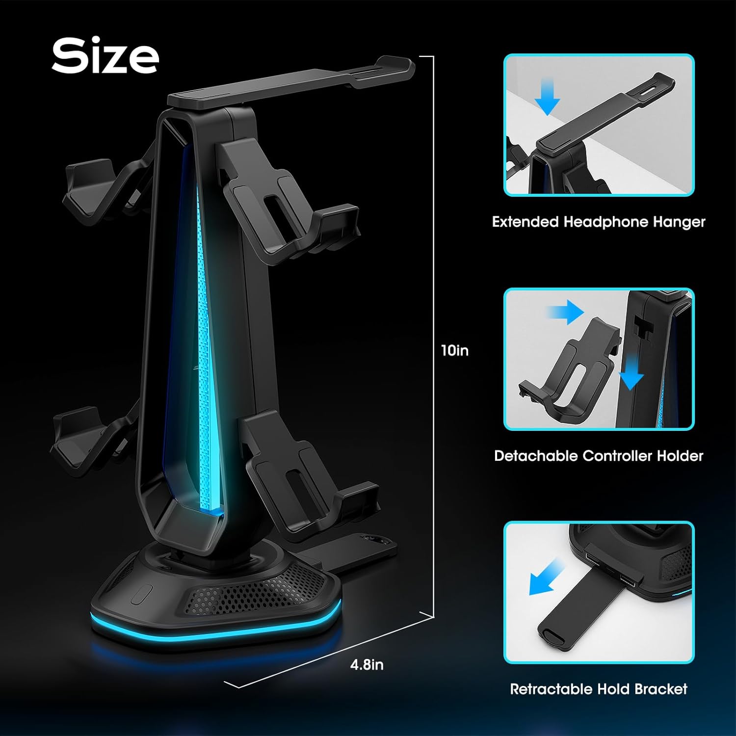 Saitake RGB Controller Stand with 9 Light Modes,Controller Holder with 2 USB Ports,Headset Stand for Desk-Headphone Holder Suitable for All Headphones and Controllers