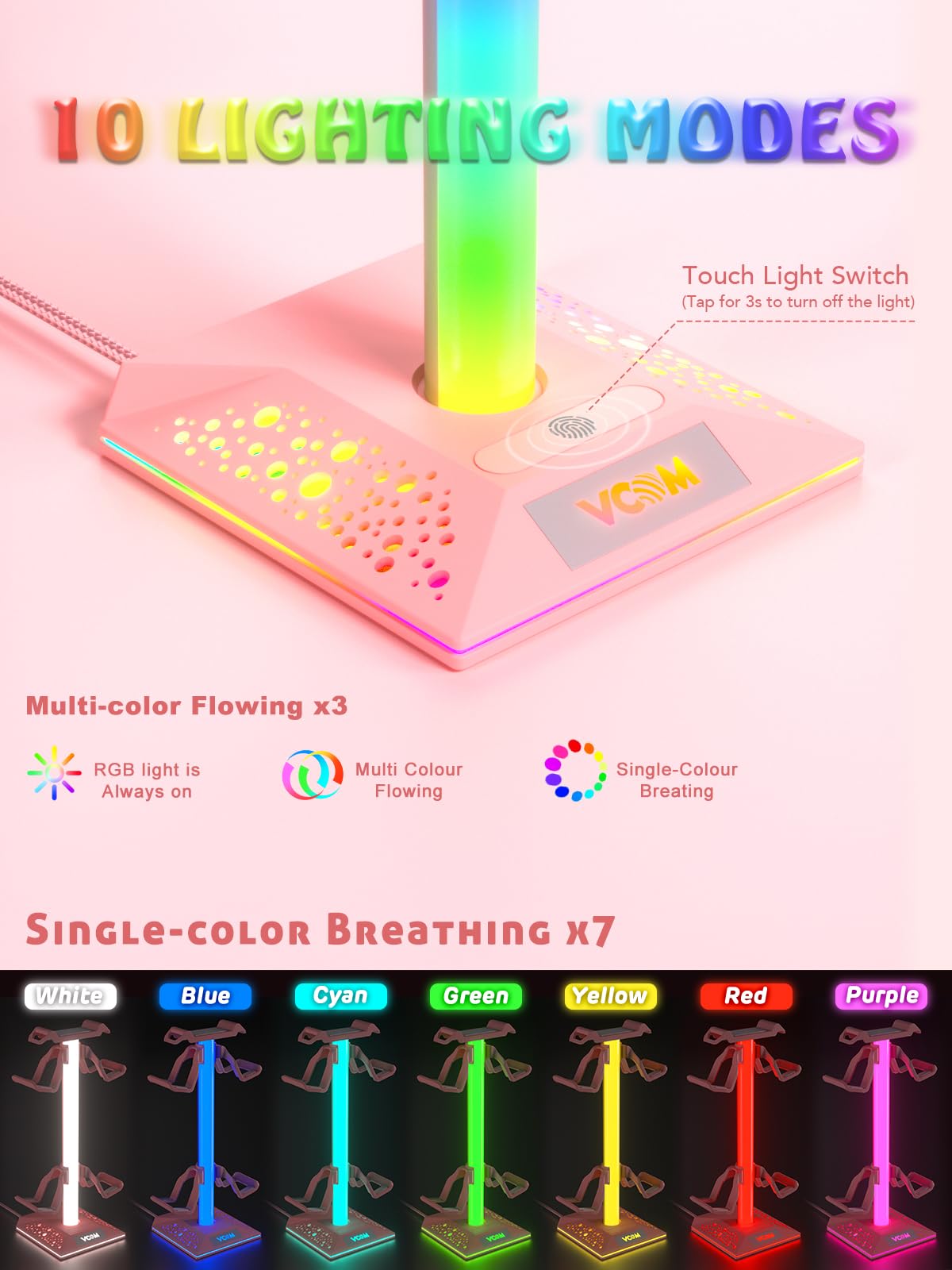 VCOM RGB Gaming Headphones Stand with 2 USB and 1 Type-C Ports, Headset Stand with 10 Light Modes and Non-Slip Rubber,Suitable for All Earphone Accessories, Best Gift for Desk Gamers