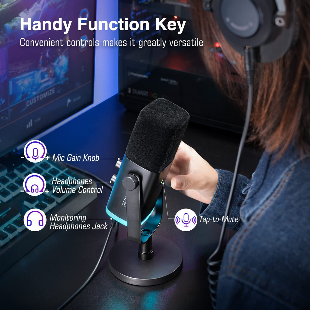 Fifine XLR/USB Dynamic Podcasting Microphone, Gaming Studio Computer PC Mic with RGB, Mute Button, Headphones Jack, Desktop Stand for Streaming Recording Vocal VoiceOver YouTube Singing-AM8