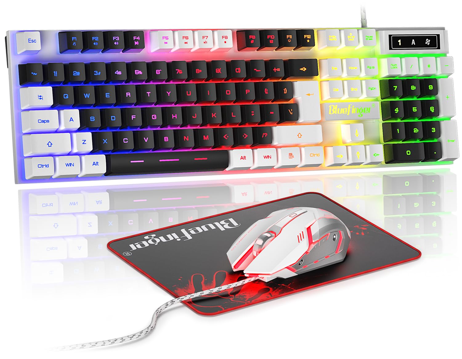 BlueFinger RGB Gaming Keyboard and Backlit Mouse Combo, USB Wired, LED Gaming Set for Laptop PC Computer Game and Work (Black)