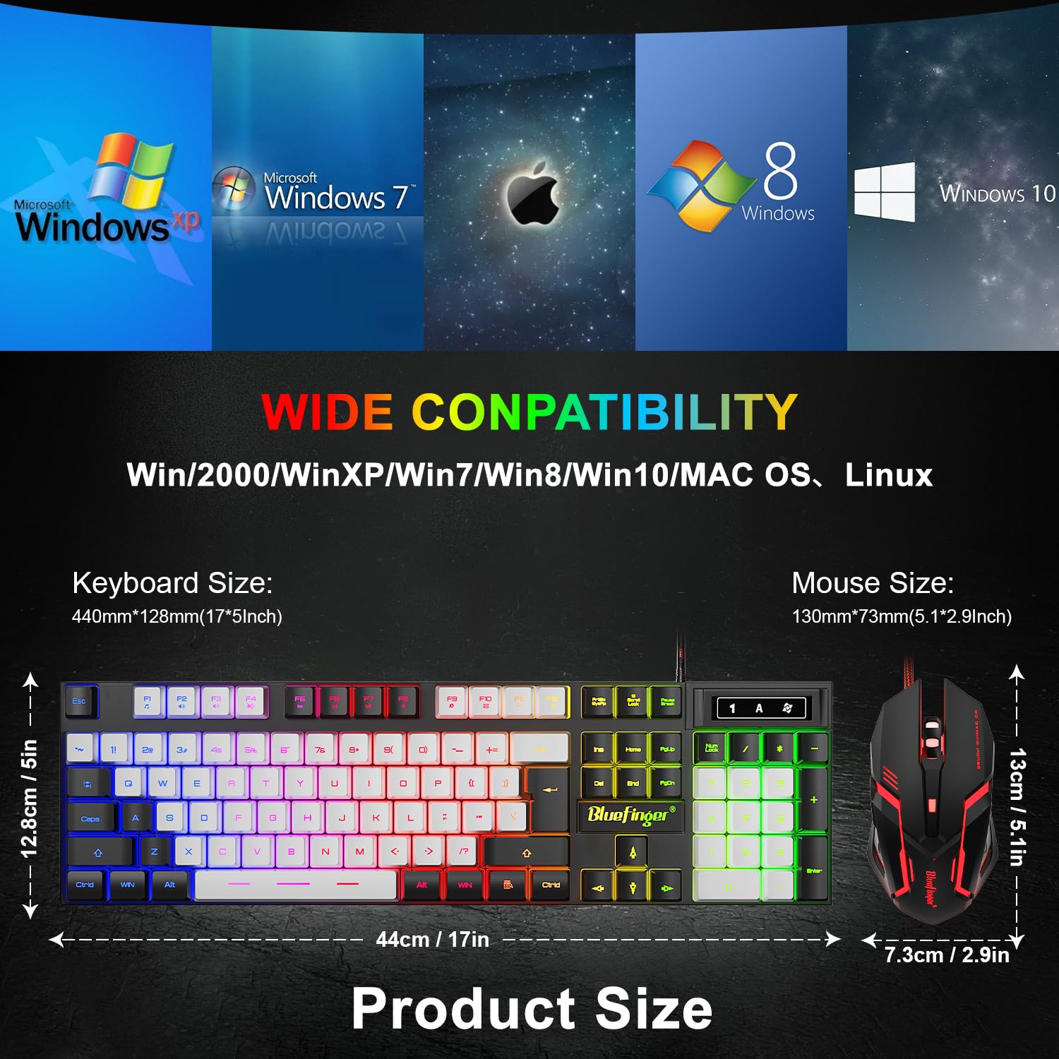 BlueFinger RGB Gaming Keyboard and Backlit Mouse Combo, USB Wired, LED Gaming Set for Laptop PC Computer Game and Work (Black)