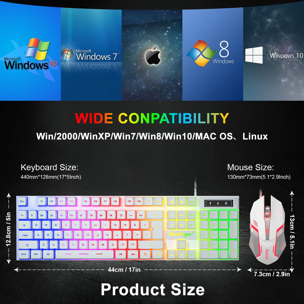 BlueFinger RGB Gaming Keyboard and Backlit Mouse Combo, USB Wired, LED Gaming Set for Laptop PC Computer Game and Work (Black)