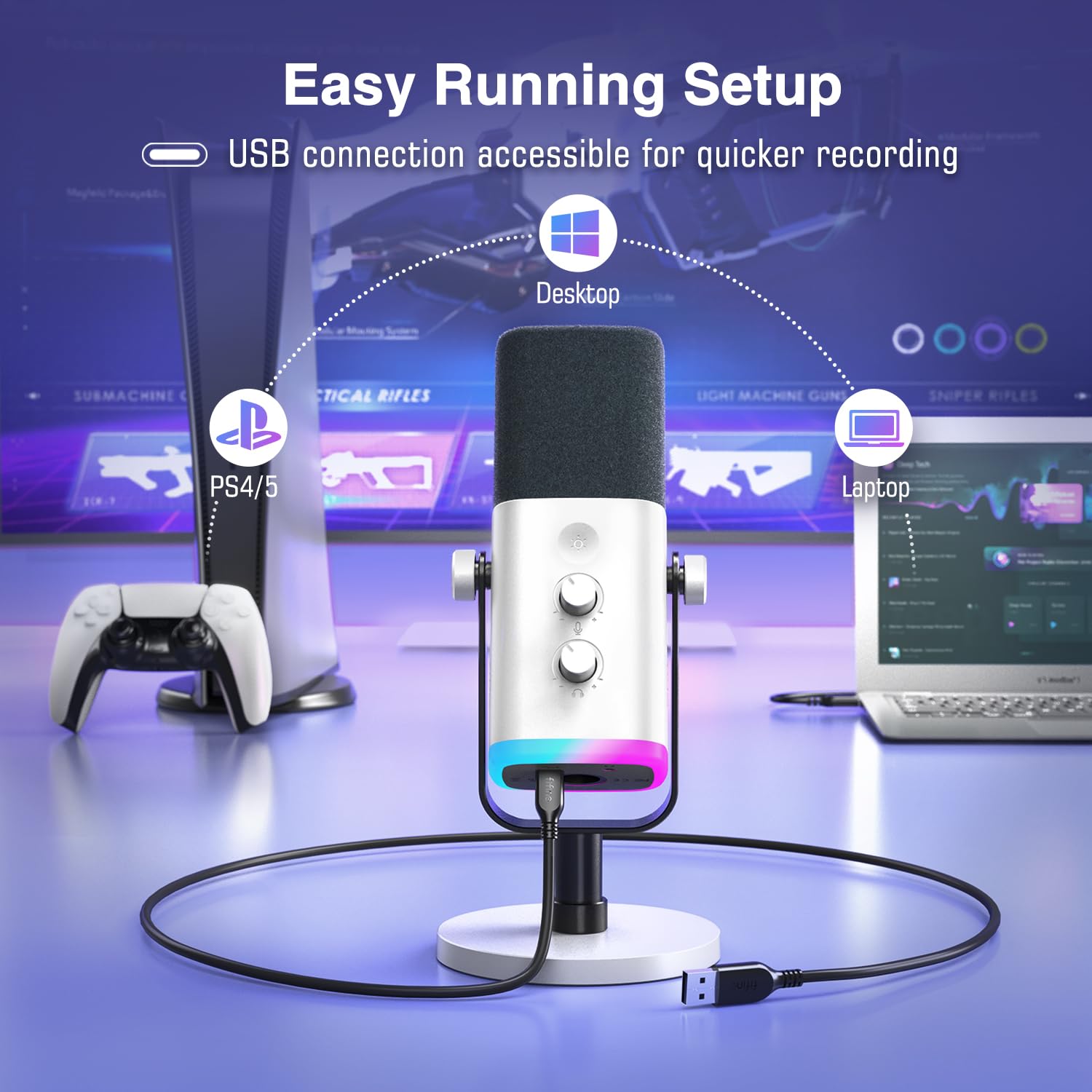 Fifine XLR/USB Dynamic Podcasting Microphone, Gaming Studio Computer PC Mic with RGB, Mute Button, Headphones Jack, Desktop Stand for Streaming Recording Vocal VoiceOver YouTube Singing-AM8