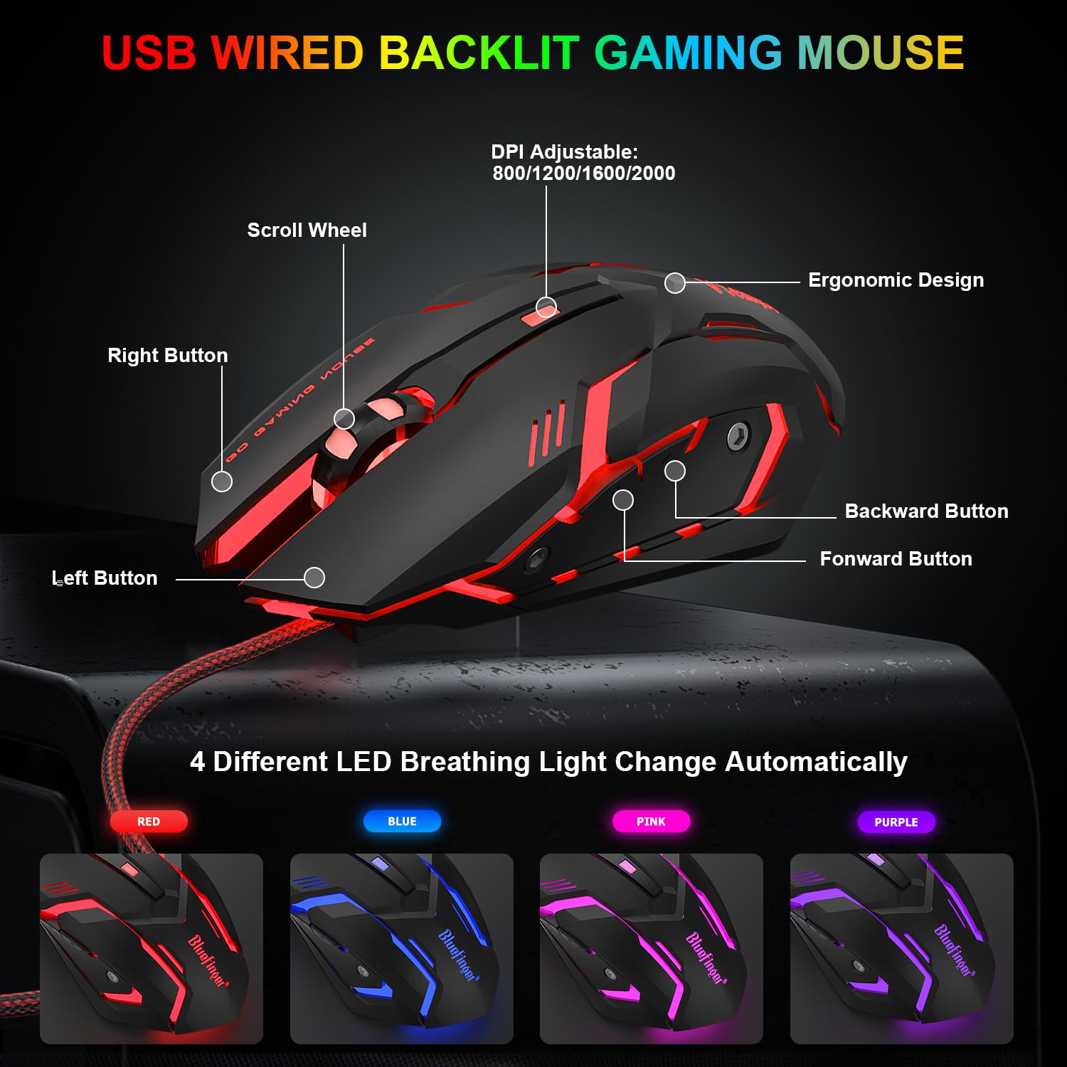 BlueFinger RGB Gaming Keyboard and Backlit Mouse Combo, USB Wired, LED Gaming Set for Laptop PC Computer Game and Work (Black)