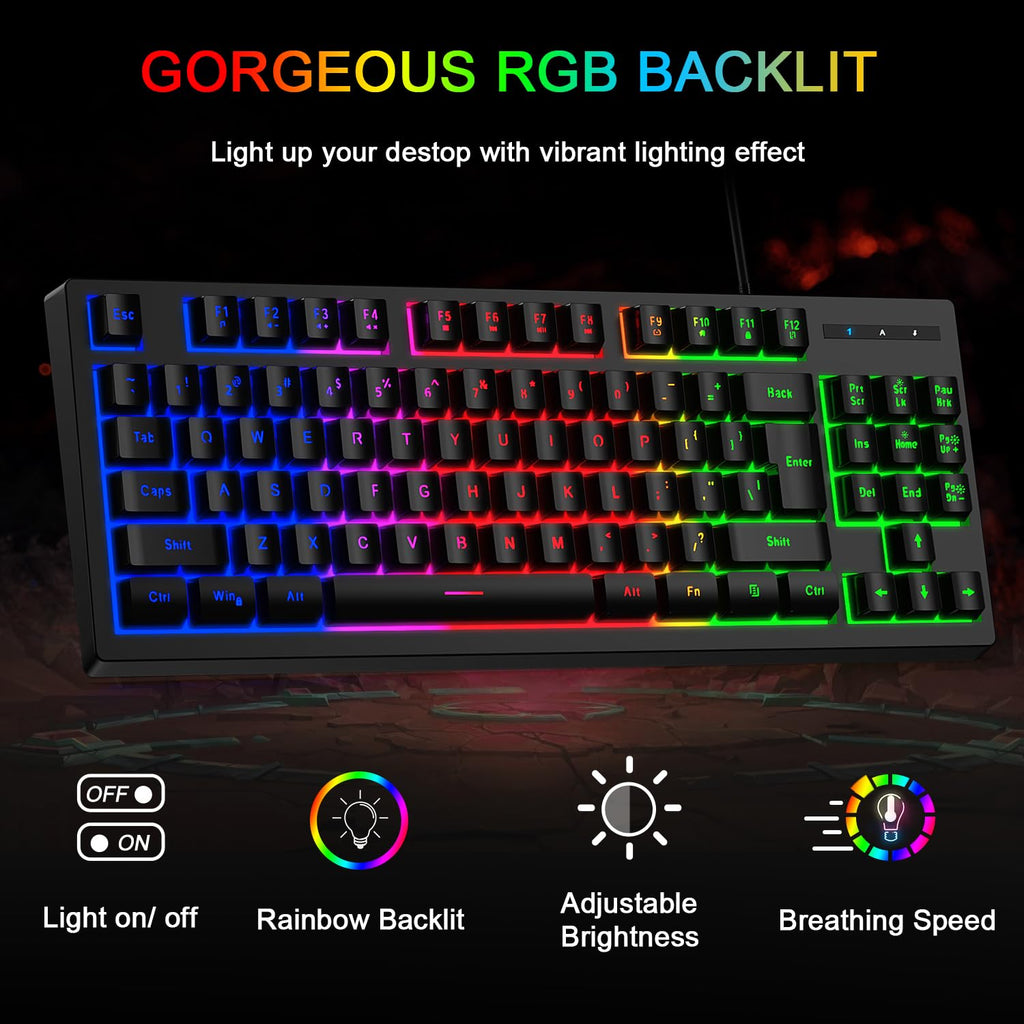 RGB 87 Keys Gaming Keyboard and Backlit Mouse Combo,BlueFinger USB Wired Rainbow Keyboard,Gaming Keyboard Set for Laptop PC Computer Game and Work