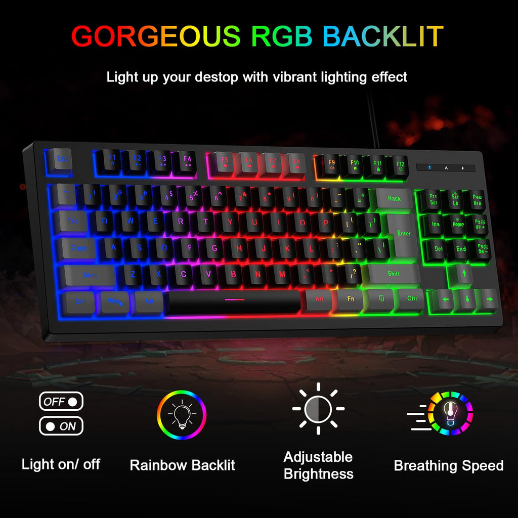 RGB 87 Keys Gaming Keyboard and Backlit Mouse Combo,BlueFinger USB Wired Rainbow Keyboard,Gaming Keyboard Set for Laptop PC Computer Game and Work