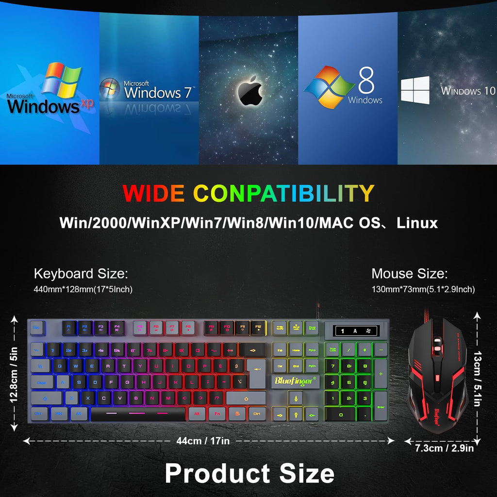 BlueFinger RGB Gaming Keyboard and Backlit Mouse Combo, USB Wired, LED Gaming Set for Laptop PC Computer Game and Work (Black)