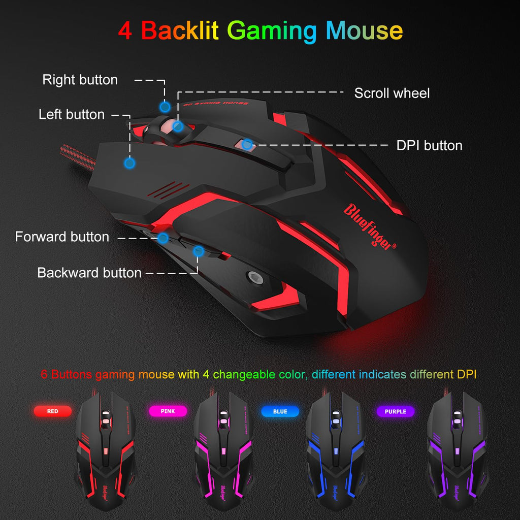 RGB 87 Keys Gaming Keyboard and Backlit Mouse Combo,BlueFinger USB Wired Rainbow Keyboard,Gaming Keyboard Set for Laptop PC Computer Game and Work