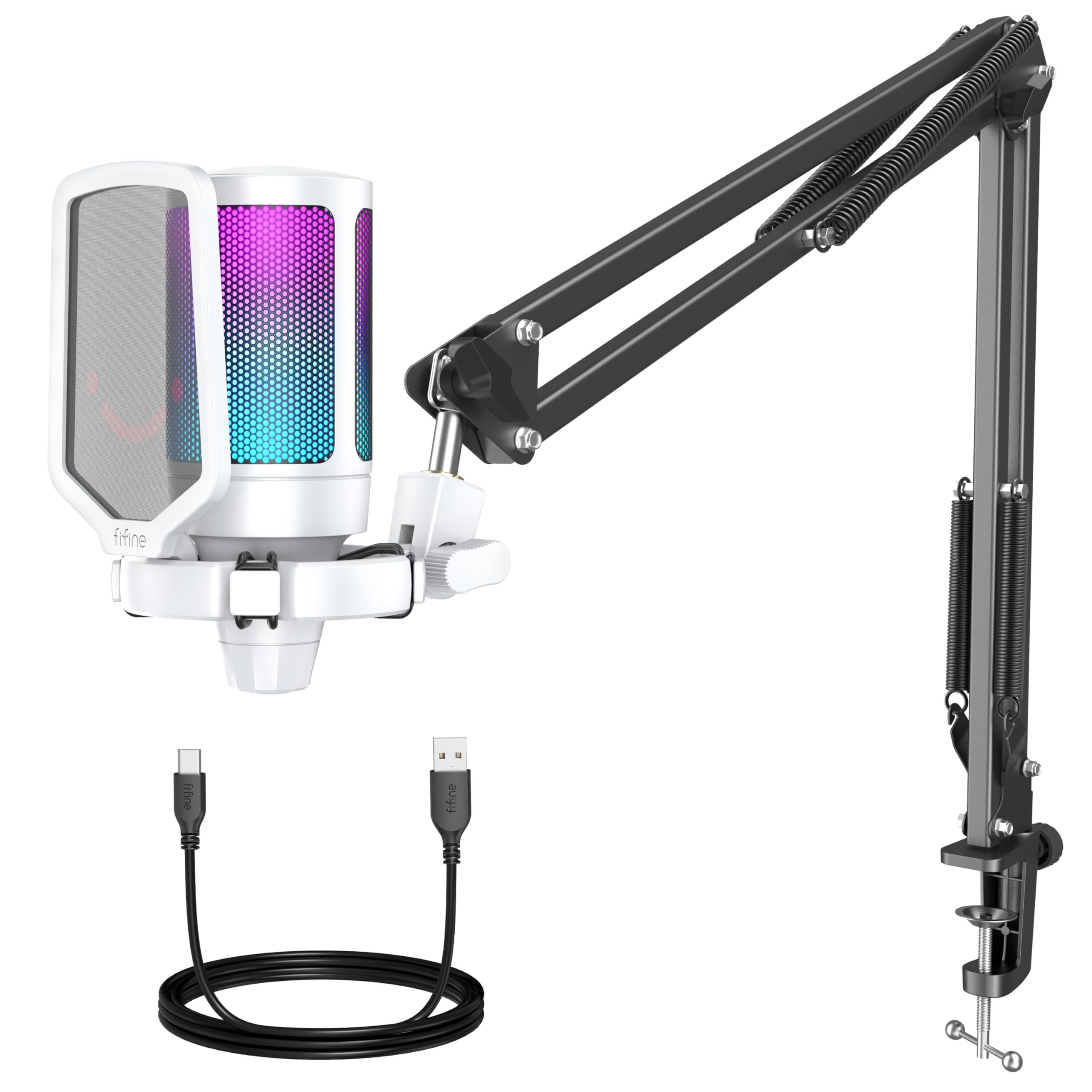 Fifine Gaming Microphone for PC Computer, USB Streaming Condenser Mic Kit with RGB, Quick Mute, Gain Knob, Boom Arm Stand, Pop Filter for Podcasts YouTube Discord-A6T