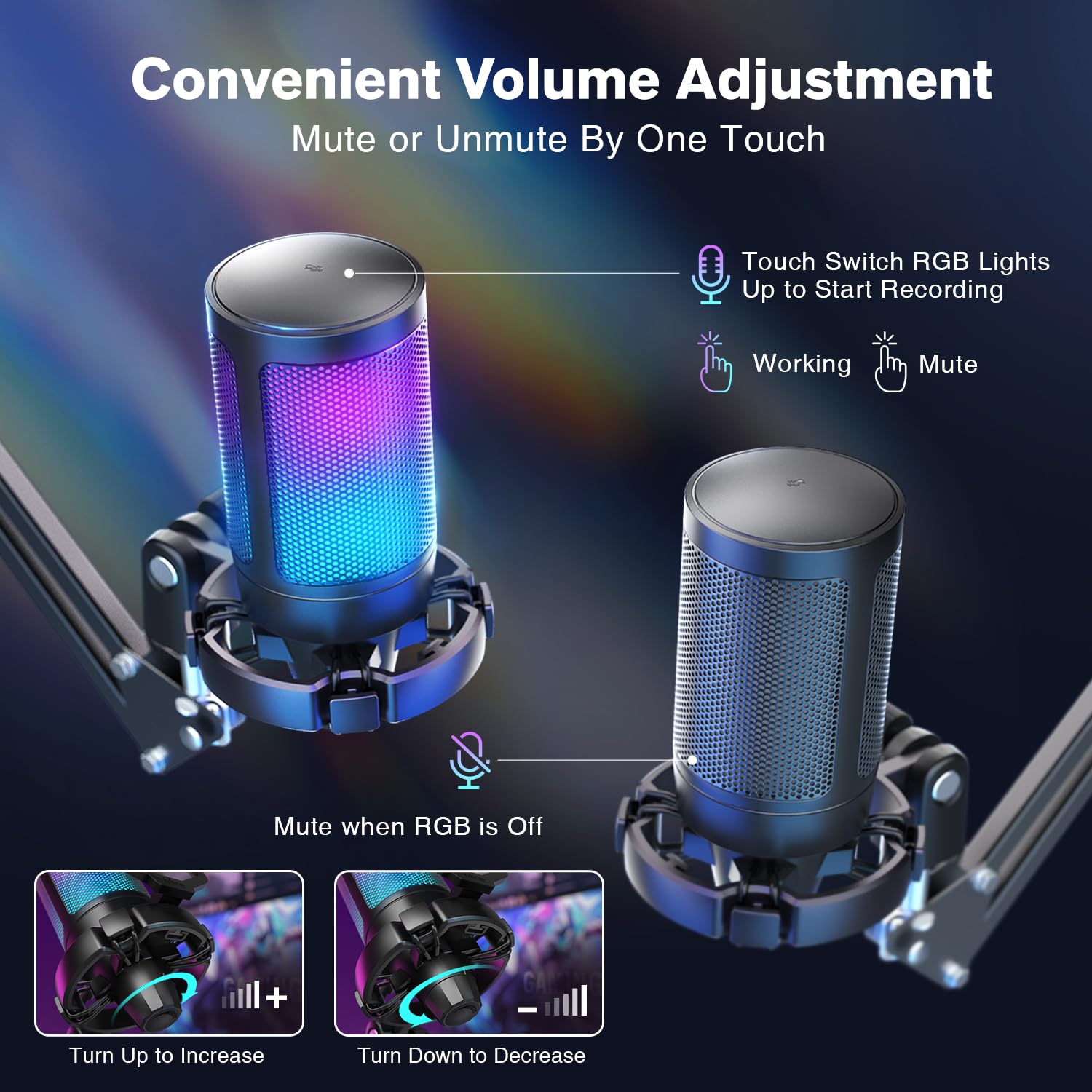 Fifine Gaming Microphone for PC Computer, USB Streaming Condenser Mic Kit with RGB, Quick Mute, Gain Knob, Boom Arm Stand, Pop Filter for Podcasts YouTube Discord-A6T