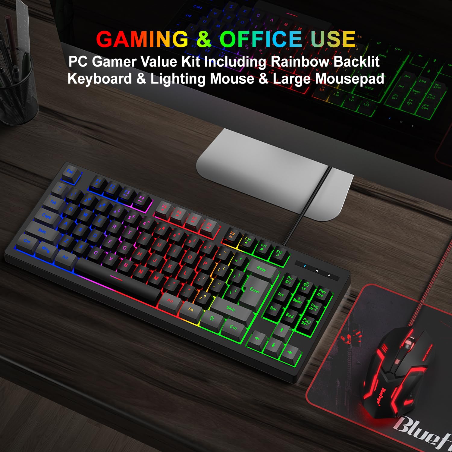 RGB 87 Keys Gaming Keyboard and Backlit Mouse Combo,BlueFinger USB Wired Rainbow Keyboard,Gaming Keyboard Set for Laptop PC Computer Game and Work