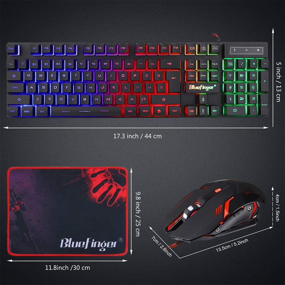 BlueFinger RGB Gaming Keyboard and Backlit Mouse Combo, USB Wired, LED Gaming Set for Laptop PC Computer Game and Work (Black)