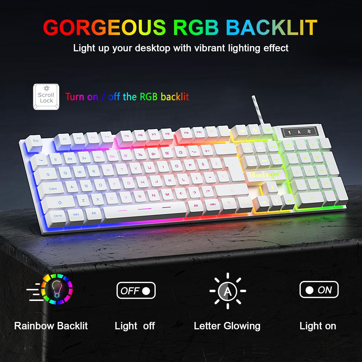 BlueFinger RGB Gaming Keyboard and Backlit Mouse Combo, USB Wired, LED Gaming Set for Laptop PC Computer Game and Work (Black)