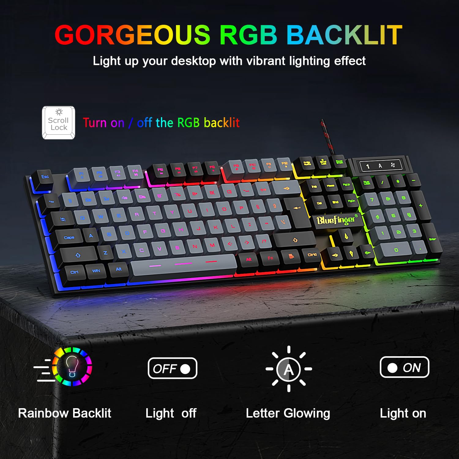 BlueFinger RGB Gaming Keyboard and Backlit Mouse Combo, USB Wired, LED Gaming Set for Laptop PC Computer Game and Work (Black)