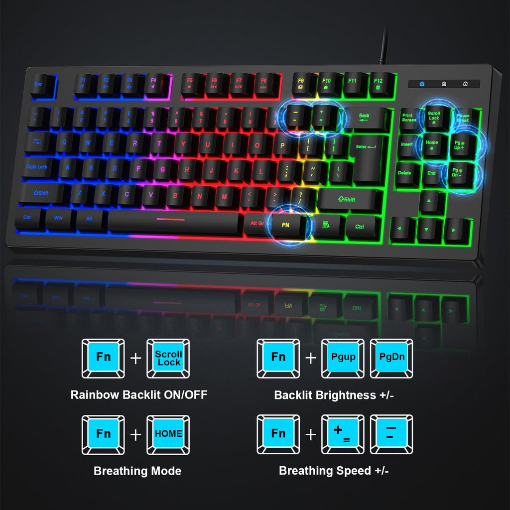 RGB 87 Keys Gaming Keyboard and Backlit Mouse Combo,BlueFinger USB Wired Rainbow Keyboard,Gaming Keyboard Set for Laptop PC Computer Game and Work