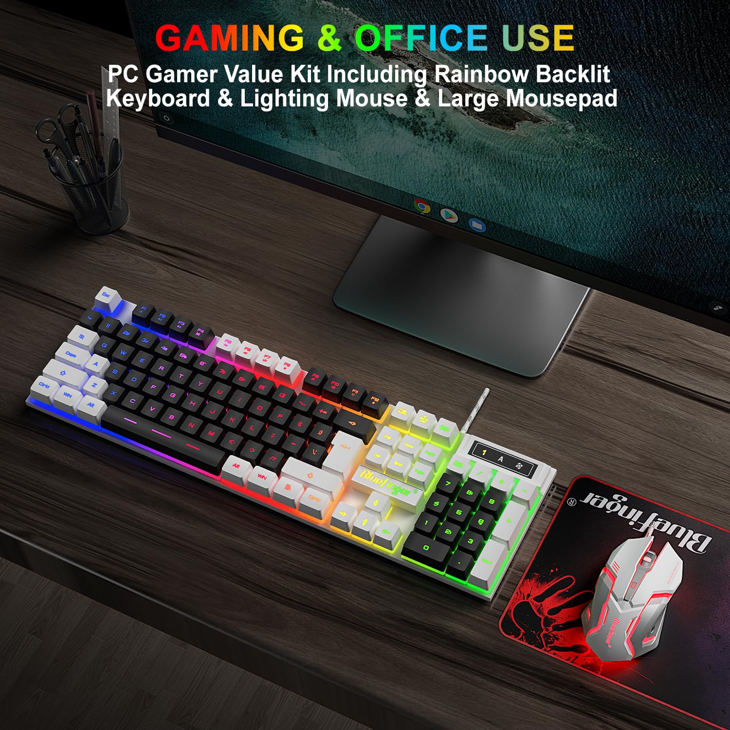 BlueFinger RGB Gaming Keyboard and Backlit Mouse Combo, USB Wired, LED Gaming Set for Laptop PC Computer Game and Work (Black)