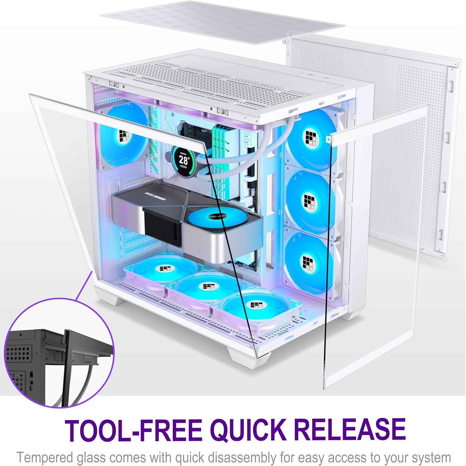 FOIFKIN F600 PC Case - Pre-Installed 7 PWM ARGB Fan, ATX Mid-Tower Gaming PC Case, 270° Panoramic Glass with Type-C, FOIFKIN (White, F600)