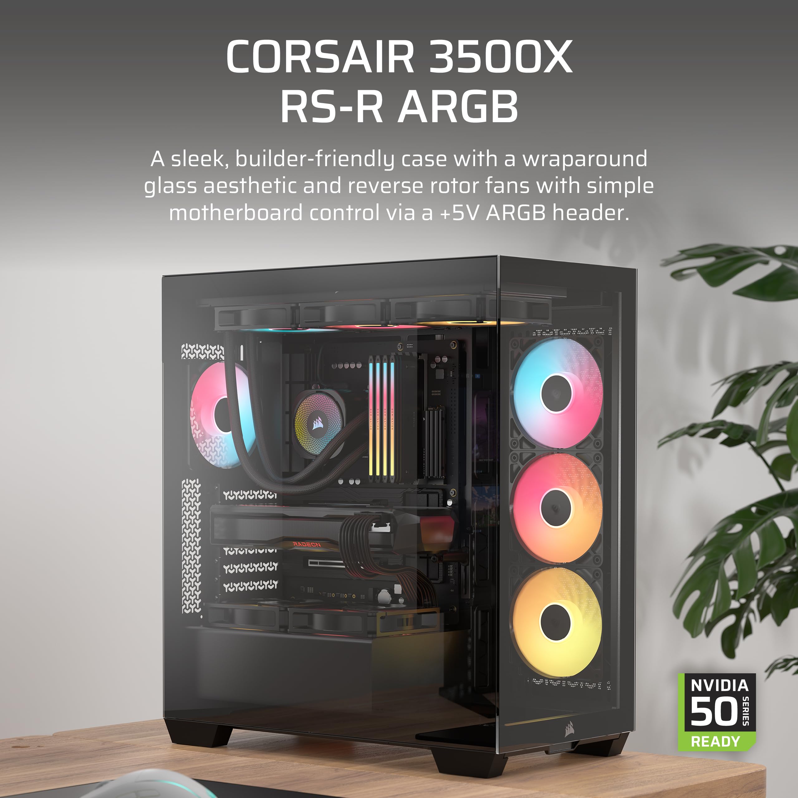 CORSAIR 3500X RS-R ARGB Mid-Tower PC Case – 3X Pre-Installed RS120-R ARGB Fans, GPU Anti-Sag Arm, Fits up to 10x 120mm Fans, Reverse Connection Motherboard Compatible – Black