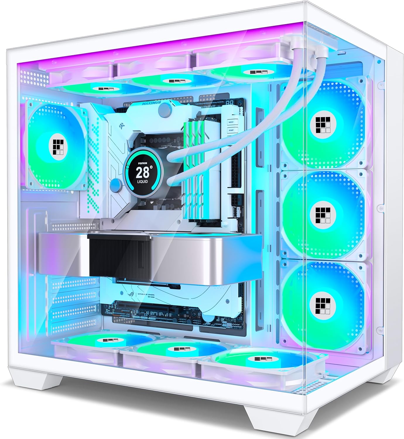 FOIFKIN F600 PC Case - Pre-Installed 7 PWM ARGB Fan, ATX Mid-Tower Gaming PC Case, 270° Panoramic Glass with Type-C, FOIFKIN (White, F600)