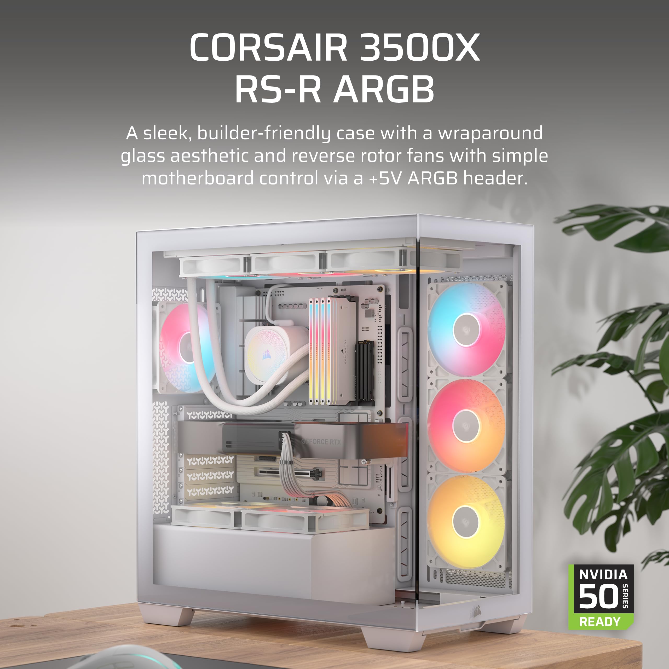 CORSAIR 3500X RS-R ARGB Mid-Tower PC Case – 3X Pre-Installed RS120-R ARGB Fans, GPU Anti-Sag Arm, Fits up to 10x 120mm Fans, Reverse Connection Motherboard Compatible – Black